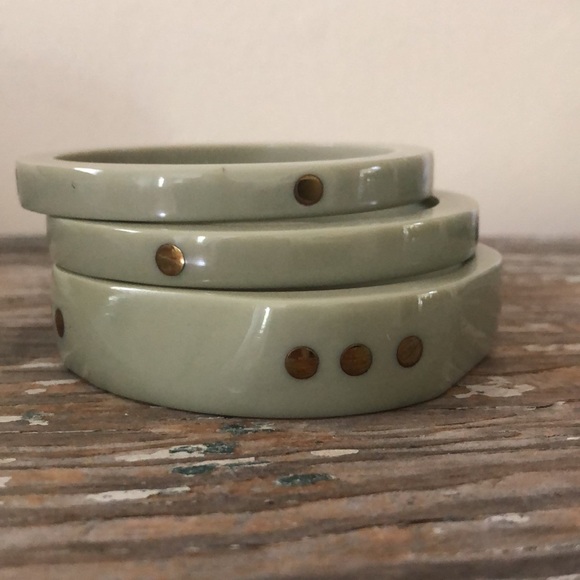 Trio of Anthropologie Pale Green Stacking Bracelets with Gold dots - Picture 4 of 8